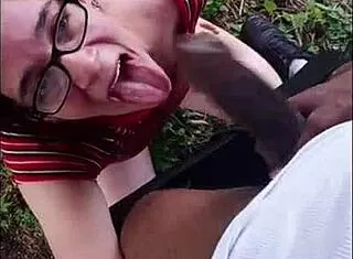 Nasty White Slut Devours Big Black Cock Outdoors BBC Blowjob