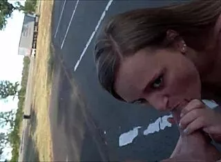 Pervy NRW slut swallows cum at A3 parkplatz in juicy nylons doggystyle