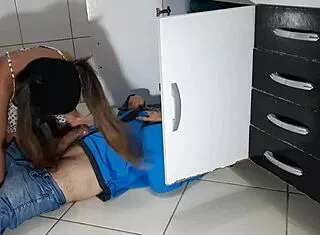 giving up my ass and blowjob to the plumber for creampie