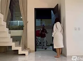delivery guy fucks lonely hot brunette bent over doggystyle creampie