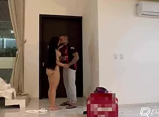 delivery guy fucks lonely hot brunette bent over doggystyle creampie