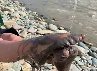 Goddess Dips Messy Barefoot Toes In Torn Pantyhose By River For Close-Ups
