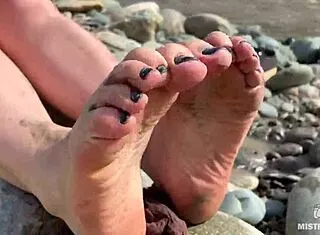 Goddess Dips Messy Barefoot Toes In Torn Pantyhose By River For Close-Ups
