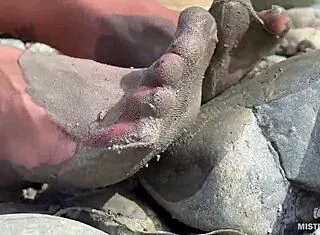 Goddess Dips Messy Barefoot Toes In Torn Pantyhose By River For Close-Ups