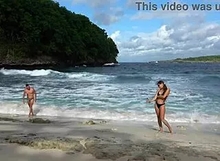 Hot brunette stranger gives deep sloppy beach blowjob with face fucking cumshot
