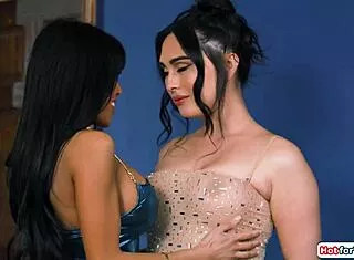 Asian ember snow sucks uncut cock deep while tgirl ember fiera watches hungrily