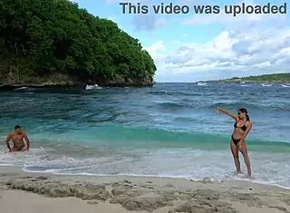 Hot brunette stranger gives deep sloppy beach blowjob with face fucking cumshot