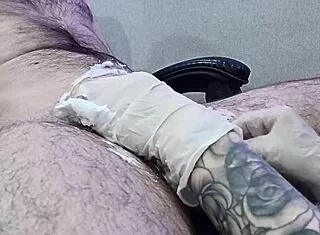 nurse shaves patient's groin smooth then strokes cock for happy ending handjob