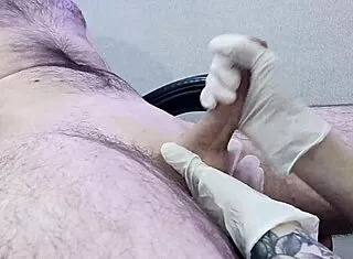 nurse shaves patient's groin smooth then strokes cock for happy ending handjob