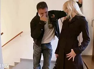 Blonde czech gives outdoor handjob ending on natural tits