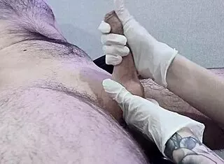 nurse shaves patient's groin smooth then strokes cock for happy ending handjob
