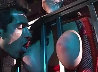 Super busty woman released from cage for intense banging session on her curves