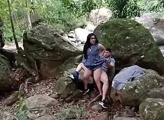 Outdoor couple deepthroats cumshot finale in forest fuck bliss