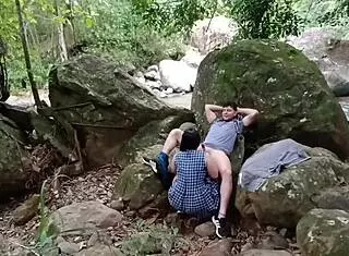Outdoor couple deepthroats cumshot finale in forest fuck bliss