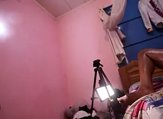 Ebony dildo fucks pussy while stroking cameraman cock