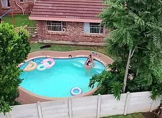 Heart racing watching neighbors' pool orgy lick pussy missionary!