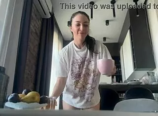 sexy big ass brunette housework flashing shaved pussy nude