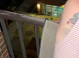 Milf bends over balcony railing for first public doggystyle fuck