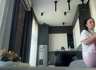 sexy big ass brunette housework flashing shaved pussy nude
