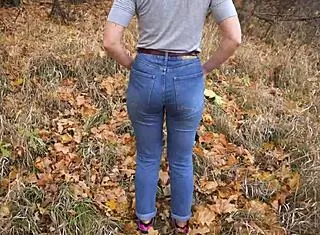 milf shakes amazing ass in tight blue jeans outdoors