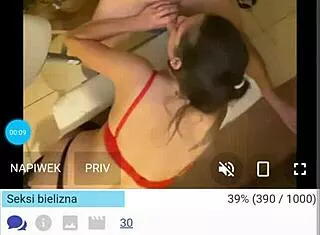 polish babe kneels for sloppy bathroom blowjob oral action