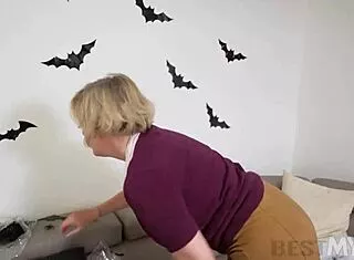Wrex Oliver Fucks Stepgrandma Dee's Huge Tits and Ass on Halloween Sofa