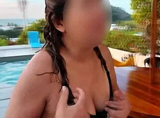 Poolside mature flashes huge tits hairy pussy voyeur cum bait