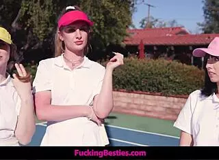 three horny teens bend over tennis court for instructor's big cock doggystyle