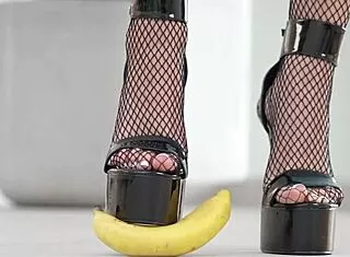 petite brunette crushes fruits under high heels in steamy foot fetish tease