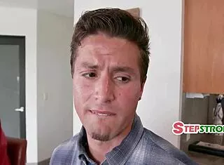 stepmom's heart races as stepson fucks her bent over kitchen counter while stepdad cooks nearby