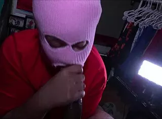 Thick lightskin masked babe gags on BBC till sloppy cum explosion