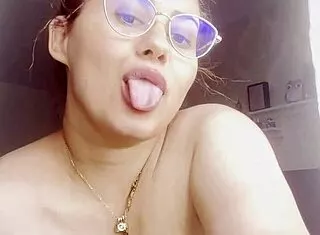 Dildo Play with Tongue on Naked Busty Tattoo Girl