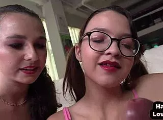 POV amateur teens jerk cock in 3some while talking dirty!