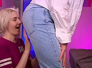 she rims him deep while sucking his huge cock between girlfriend blowjobs