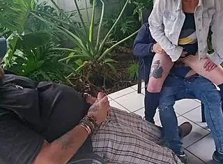 cuckold buddy fucks my curvy wife cowgirl outdoors while i cum on them creampie