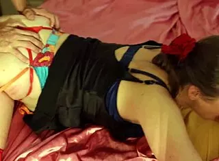 french slut in satin stockings heels licks asshole sucks dick bent over