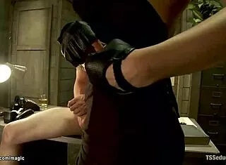 shemale guard sneaks bondage fuck on bound inmate