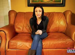 petite inked brunette olyssia rims dildo fingers and gulps