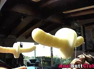 Bubble butt babe deepthroats dildo in mirror closeup