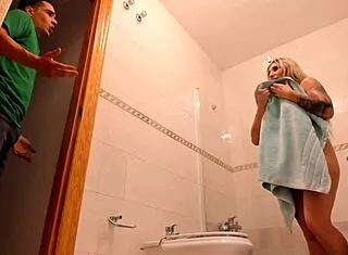 Stepmom catches me peeking in shower invites deepthroat facial cumshot quickie fuck