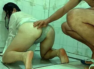 Wet T-Shirt Clings to Hot Married Woman's Curves in Steamy Shower Fuck