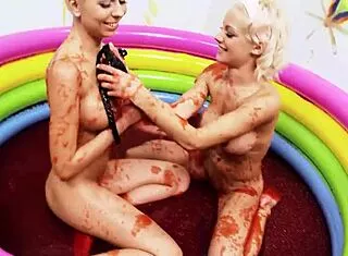 amazing bitch lou lou wrestles lesbian friend in jelly