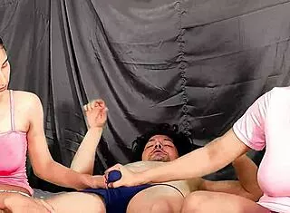 Two teen girls suck and fuck hard dick in homemade threesome