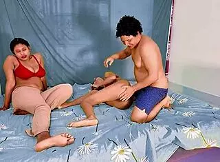 awesome ffm threesome with petite brunette and milf