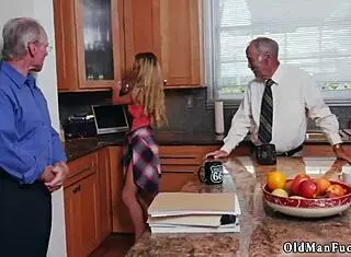 Blonde teen gives old man a handjob in shower for happy ending