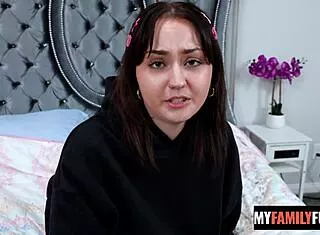 Curious stepdaughter measures her tight pussy against cucumbers. Stepdad catches her in the act