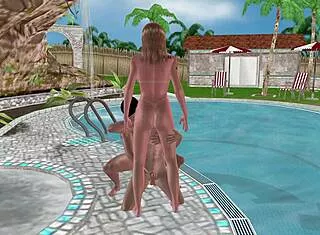 animated 3d threesome shemale porn - man sucking shemale while getting fucked near pool