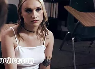 blonde babe gets dped by two professors in classroom