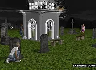 3d babe feels intense pleasure from double penetration in the eerie graveyard
