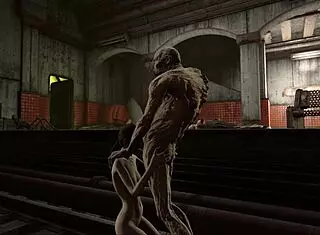 In the rubble of the subway, a brunette gets assfucked by a monster in hentai style